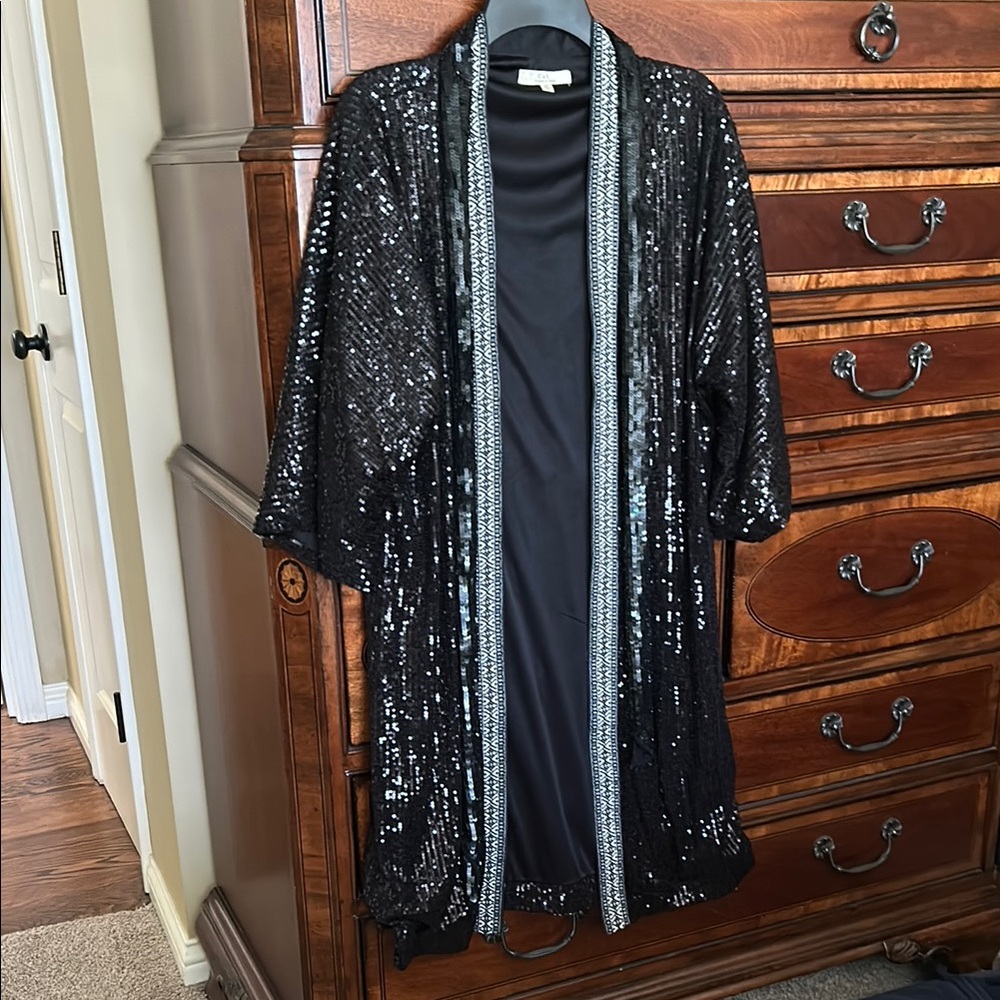 Elegant Black Sequin Kimono Robe
